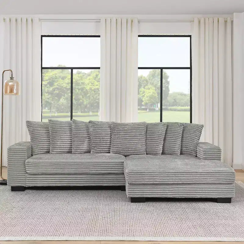 Divano sezionale letto imbottito in velluto a coste EHMKNP, divano convertibile modulare a L con pouf