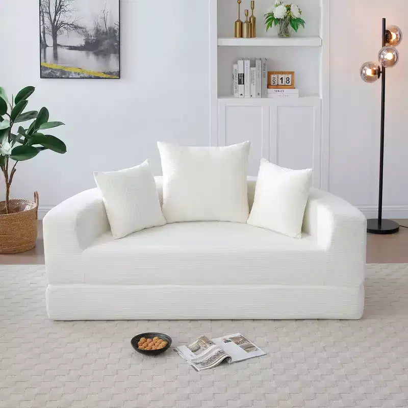 Divano letto convertibile in velluto a coste Okak con cuscini, divano letto rotondo futon per soggiorno, camera da letto