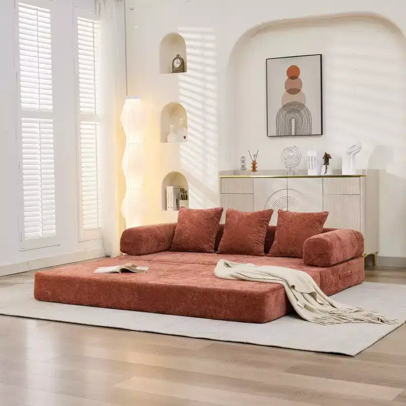 Divano Letto da Terra Okak Chenille Lounge con Materasso Pieghevole Convertibile, Divano Futon a 2 Posti per Soggiorno, Camera da Letto