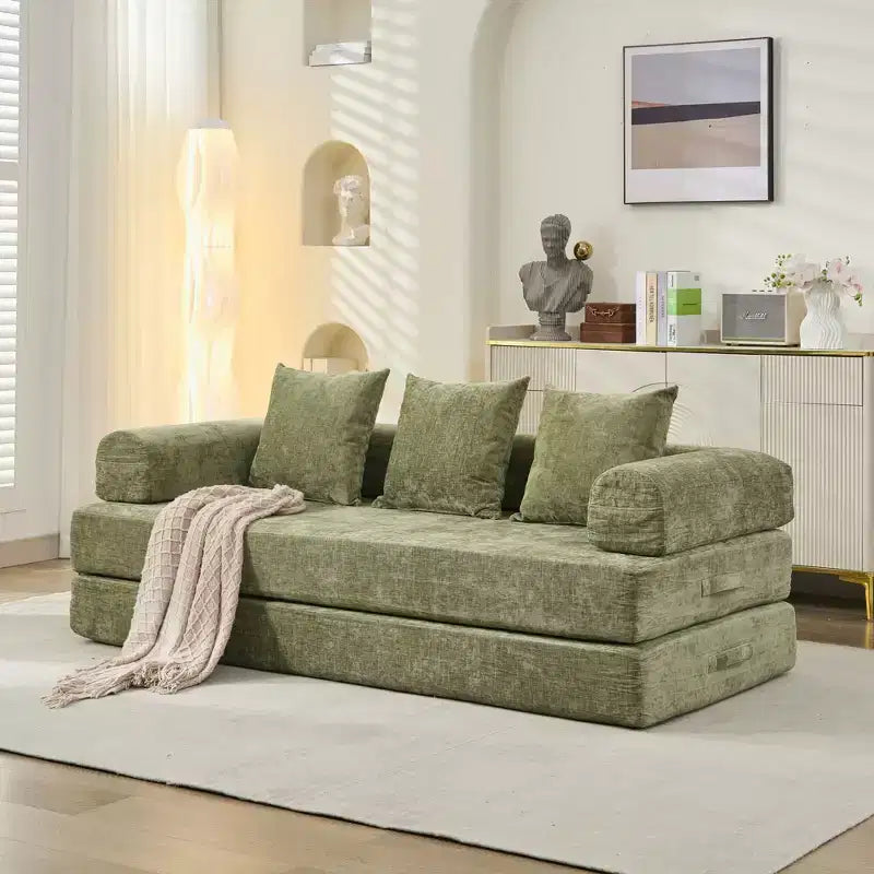 Divano Letto da Terra Okak Chenille Lounge con Materasso Pieghevole Convertibile, Divano Futon a 2 Posti per Soggiorno, Camera da Letto