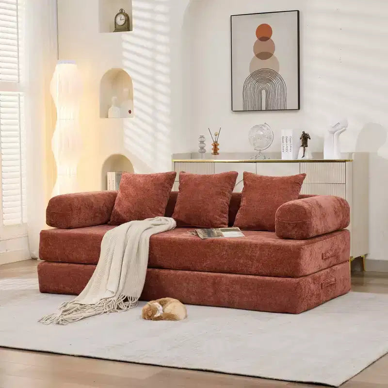 Divano Letto da Terra Okak Chenille Lounge con Materasso Pieghevole Convertibile, Divano Futon a 2 Posti per Soggiorno, Camera da Letto