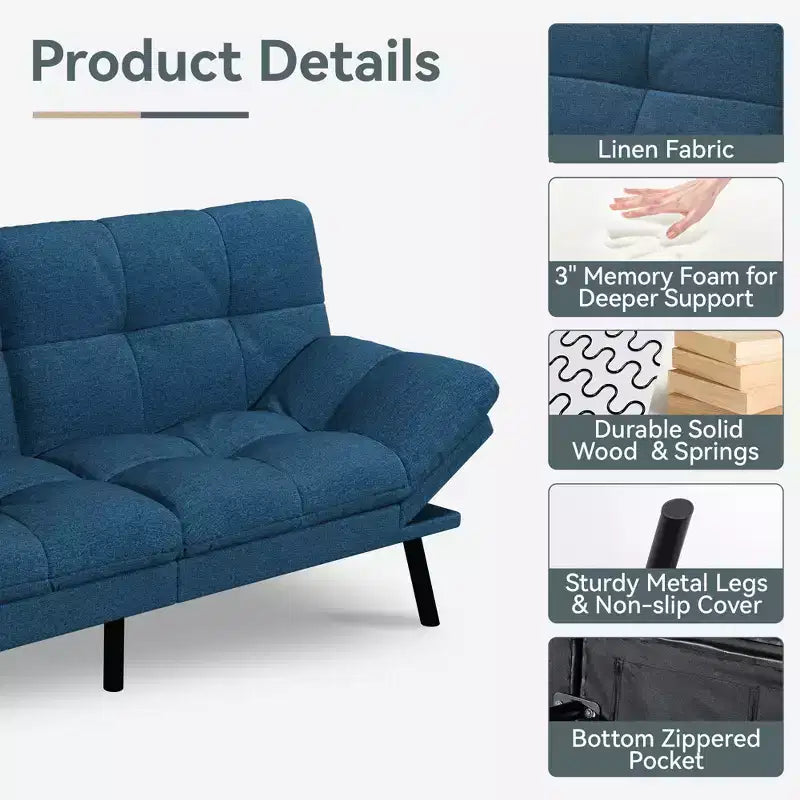 Dyonery 71 Divano Letto Futon Moderno Convertibile, Divano Letto in Lino con Cuscini Rimovibili, Schienale e Braccioli Regolabili per Soggiorno