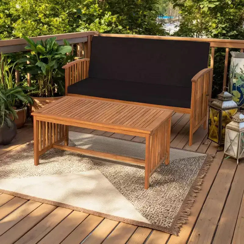 Ensemble table et causeuse d'extérieur 2 pièces Royal Hampton, coussins noirs, marron naturel