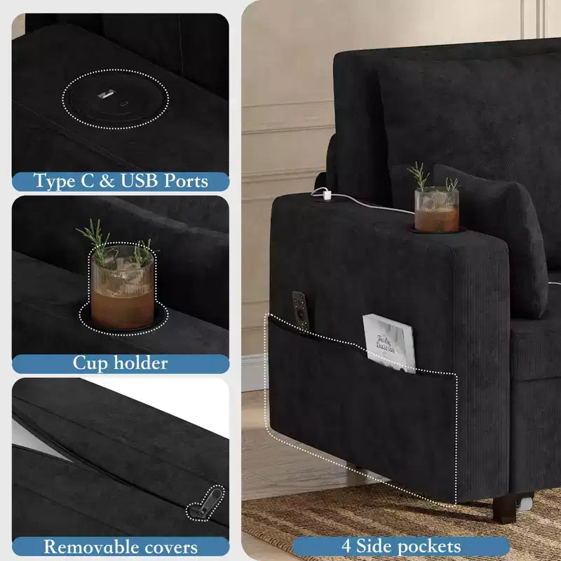 56 Divano Letto Estraibile, Divano Letto Trasformabile 3 in 1, Divano Letto a Due Posti con Portabicchieri e Tasche Laterali, Divano per Soggiorno e Camera da Letto