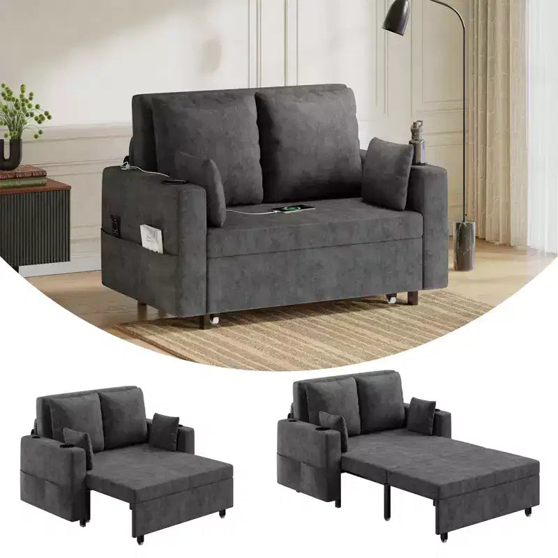 56 Divano Letto Estraibile, Divano Letto Trasformabile 3 in 1, Divano Letto a Due Posti con Portabicchieri e Tasche Laterali, Divano per Soggiorno e Camera da Letto