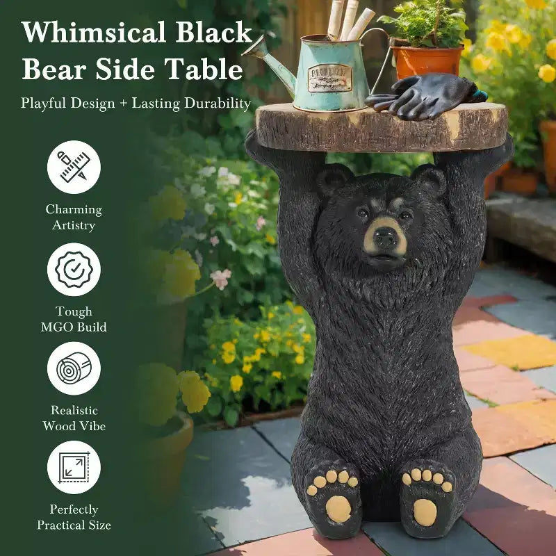 Table d'appoint extérieure Okak Black Bear avec sculpture peinte à la main, table d'appoint de patio avec cadre en MGO, table basse d'extérieur pour le jardin, noir + marron