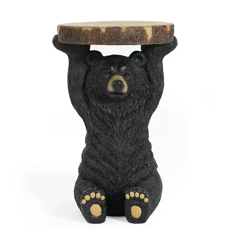 Table d'appoint extérieure Okak Black Bear avec sculpture peinte à la main, table d'appoint de patio avec cadre en MGO, table basse d'extérieur pour le jardin, noir + marron