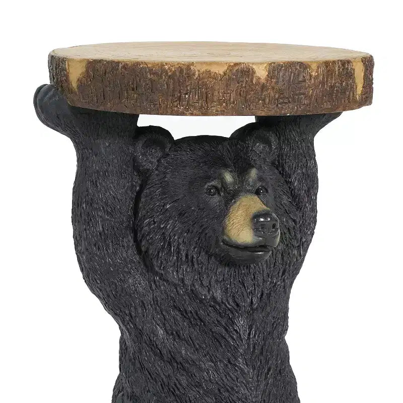Table d'appoint extérieure Okak Black Bear avec sculpture peinte à la main, table d'appoint de patio avec cadre en MGO, table basse d'extérieur pour le jardin, noir + marron