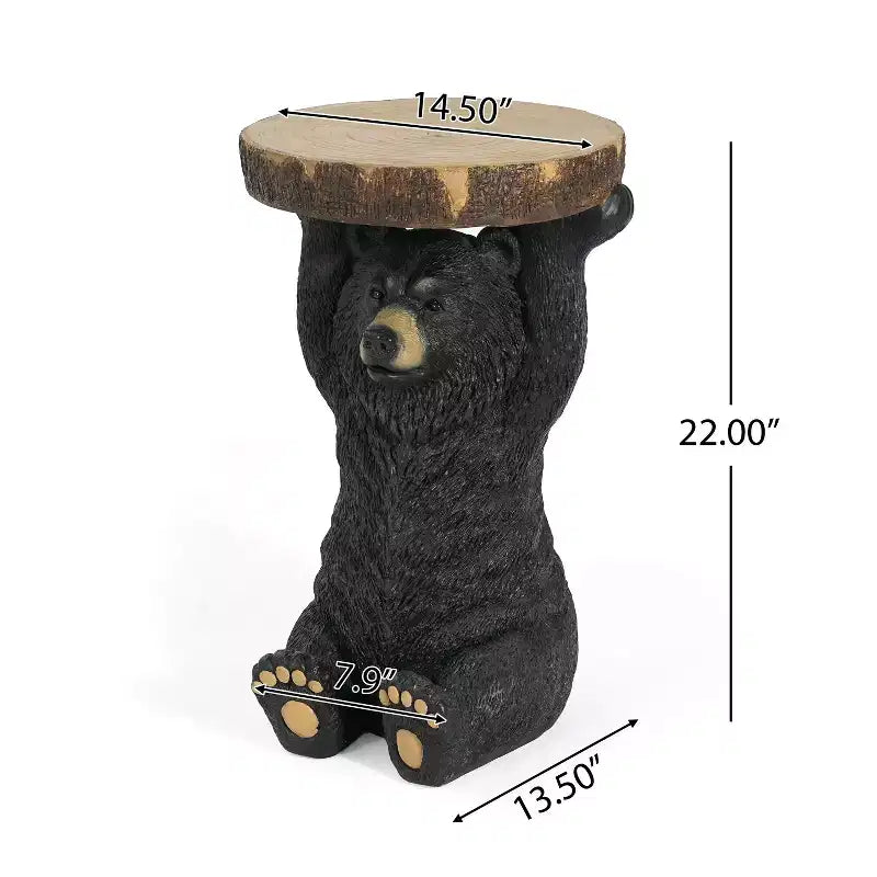 Table d'appoint extérieure Okak Black Bear avec sculpture peinte à la main, table d'appoint de patio avec cadre en MGO, table basse d'extérieur pour le jardin, noir + marron