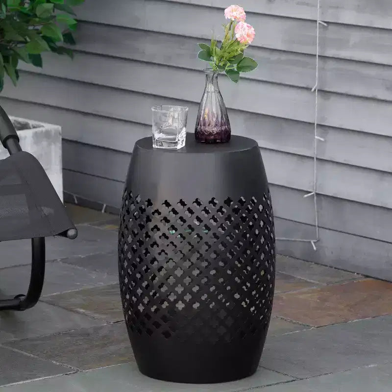 Okak Metal Outdoor Side Table with Hollow Design, Small Drum Shape Patio Table with Powder-Coated Frame, Outdoor Coffee Table for Backyard, Black