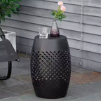 Okak Metal Outdoor Side Table with Hollow Design, Small Drum Shape Patio Table with Powder-Coated Frame, Outdoor Coffee Table for Backyard, Black