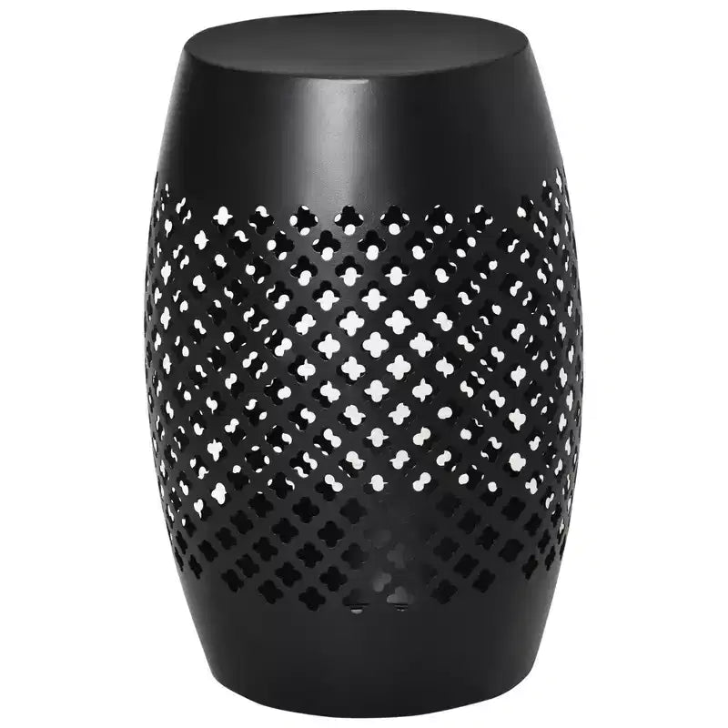 Tavolino da Esterno Okak in Metallo con Design Cavo, Tavolino da Patio a Forma di Tamburo Piccolo con Struttura Verniciata a Polvere, Tavolino da Caffè da Esterno per Giardino, Nero