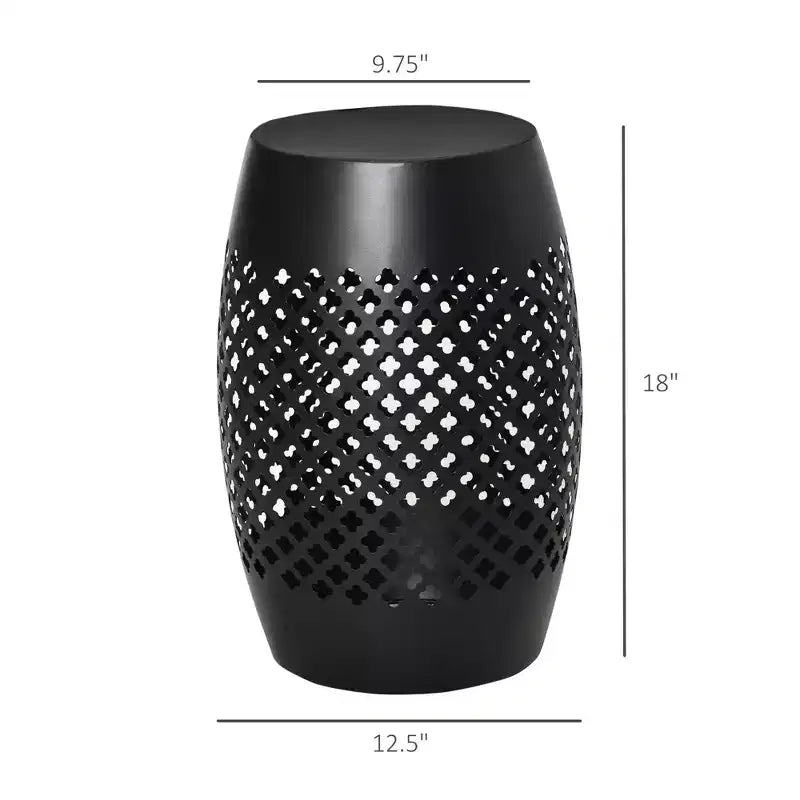 Tavolino da Esterno Okak in Metallo con Design Cavo, Tavolino da Patio a Forma di Tamburo Piccolo con Struttura Verniciata a Polvere, Tavolino da Caffè da Esterno per Giardino, Nero