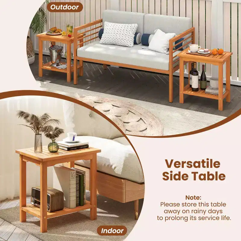 Costway Table d'appoint d'extérieur en bois d'acacia à 2 niveaux avec plateau à lattes