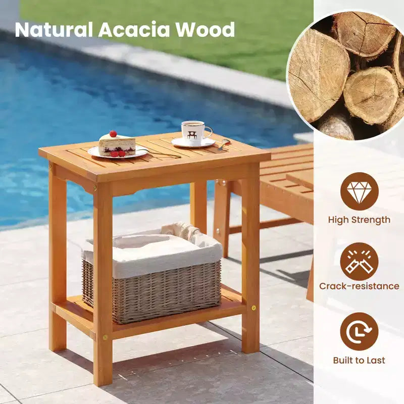 Costway Table d'appoint d'extérieur en bois d'acacia à 2 niveaux avec plateau à lattes