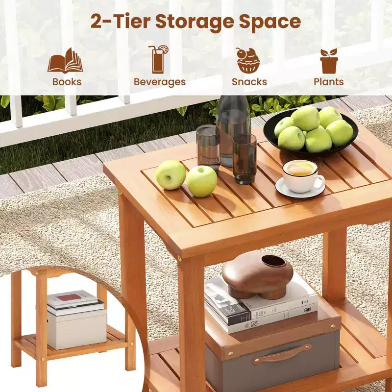 Costway Table d'appoint d'extérieur en bois d'acacia à 2 niveaux avec plateau à lattes