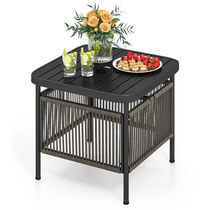 Costway Outdoor PE Rattan Side Table w/ 1.57 Umbrella Hole Square Patio End Table