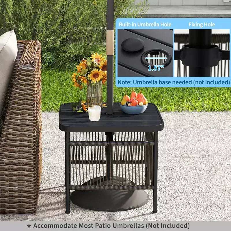 Costway Table d'appoint carrée en rotin PE tressé avec trou pour parasol de 4 cm