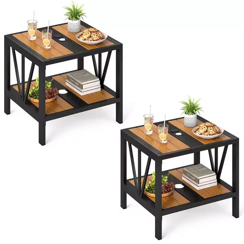 Costway 2PCS Outdoor Side Table 2-Tier Coffee End Table w/ 1.57 Umbrella Hole Storage Shelf