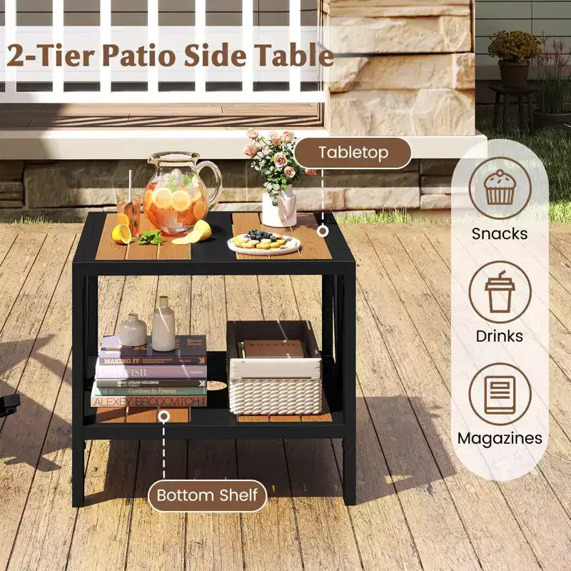 Costway Tavolino da Esterno 2 Pezzi a 2 Ripiani, Tavolino da Caffè con Foro per Ombrellone da 1,57" e Ripiano portaoggetti