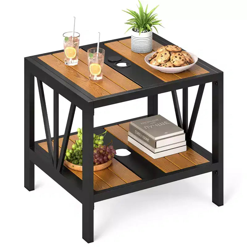 Costway Tavolino da Esterno 2 Pezzi a 2 Ripiani, Tavolino da Caffè con Foro per Ombrellone da 1,57" e Ripiano portaoggetti