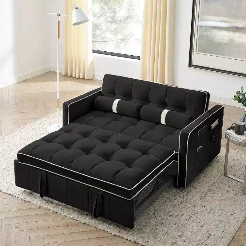 TUYOHW Canapé-Lit Extensible 141 cm, Causeuse à Dossier Réglable avec Poches Latérales et 2 Oreillers, Canapé Convertible en Velours pour Petits Espaces