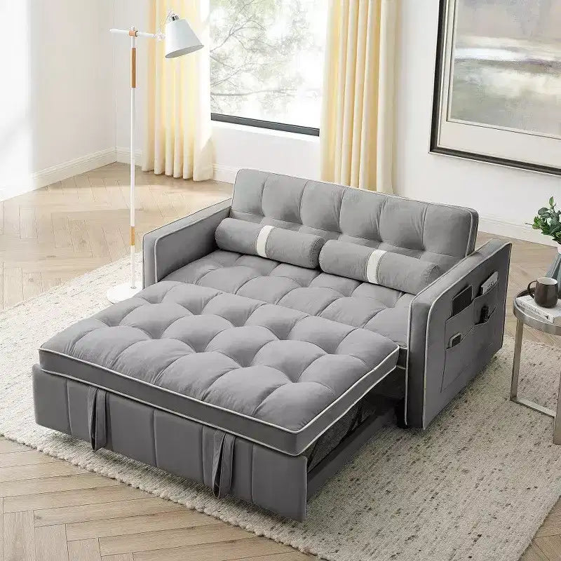 TUYOHW Canapé-Lit Extensible 141 cm, Causeuse à Dossier Réglable avec Poches Latérales et 2 Oreillers, Canapé Convertible en Velours pour Petits Espaces