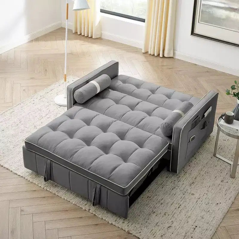 TUYOHW Canapé-Lit Extensible 141 cm, Causeuse à Dossier Réglable avec Poches Latérales et 2 Oreillers, Canapé Convertible en Velours pour Petits Espaces
