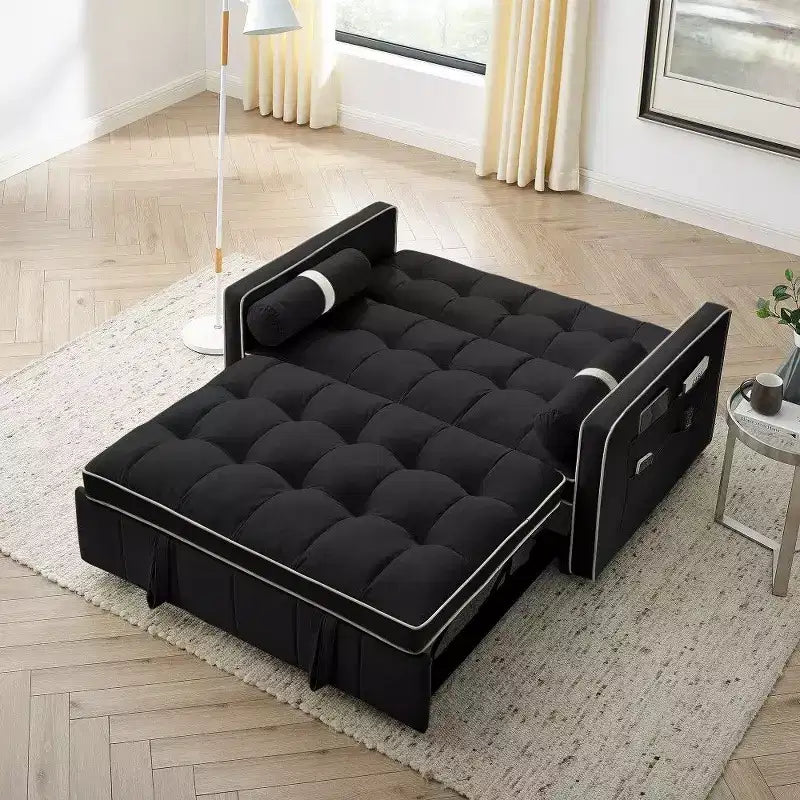 TUYOHW Canapé-Lit Extensible 141 cm, Causeuse à Dossier Réglable avec Poches Latérales et 2 Oreillers, Canapé Convertible en Velours pour Petits Espaces