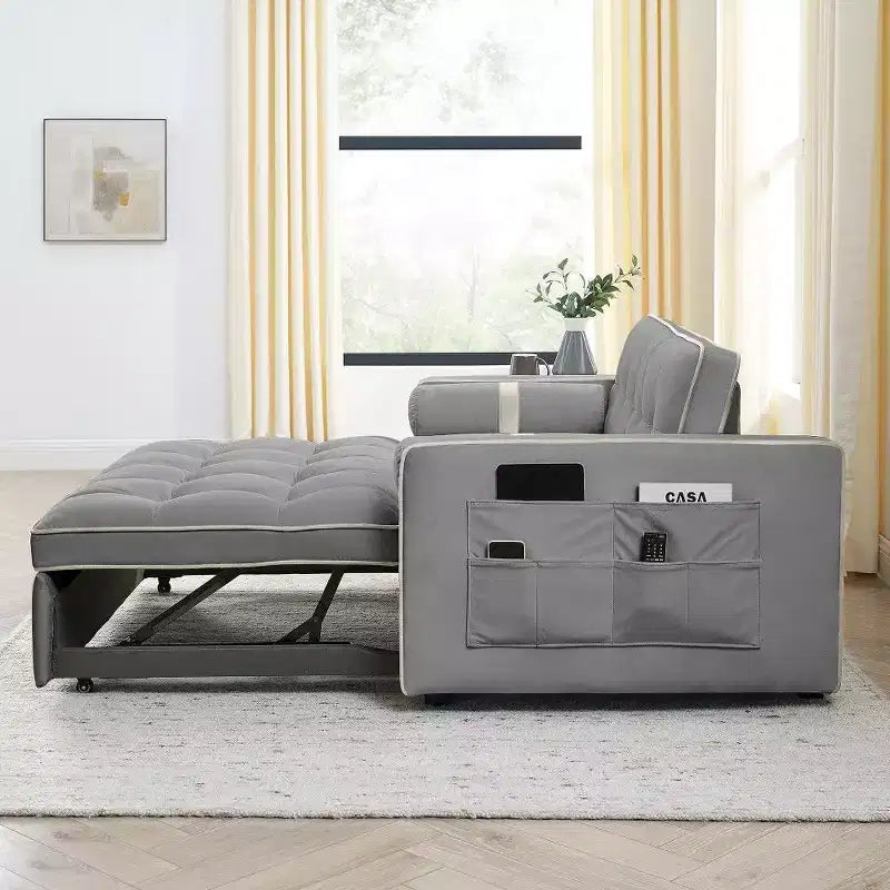 TUYOHW Canapé-Lit Extensible 141 cm, Causeuse à Dossier Réglable avec Poches Latérales et 2 Oreillers, Canapé Convertible en Velours pour Petits Espaces