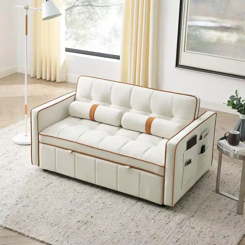 TUYOHW Canapé-Lit Extensible 141 cm, Causeuse à Dossier Réglable avec Poches Latérales et 2 Oreillers, Canapé Convertible en Velours pour Petits Espaces