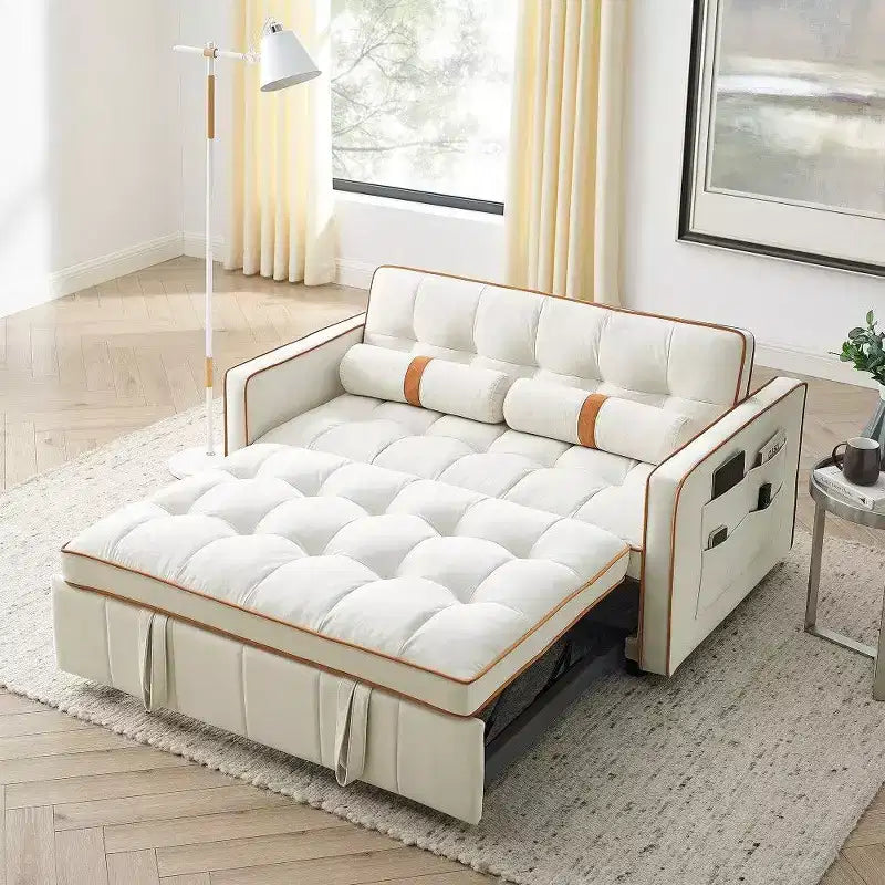 TUYOHW Canapé-Lit Extensible 141 cm, Causeuse à Dossier Réglable avec Poches Latérales et 2 Oreillers, Canapé Convertible en Velours pour Petits Espaces
