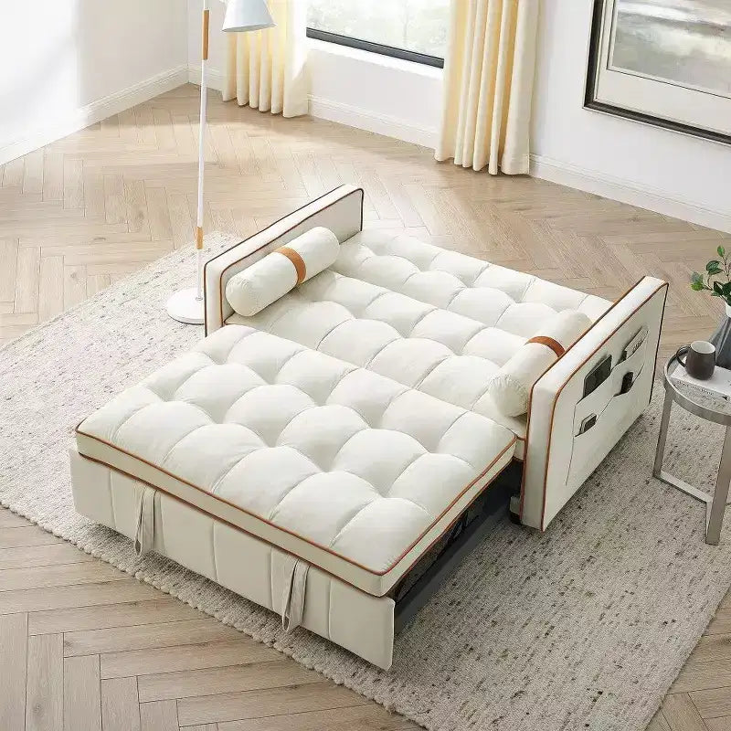 TUYOHW Canapé-Lit Extensible 141 cm, Causeuse à Dossier Réglable avec Poches Latérales et 2 Oreillers, Canapé Convertible en Velours pour Petits Espaces