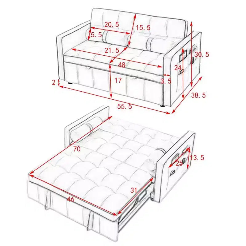 TUYOHW Canapé-Lit Extensible 141 cm, Causeuse à Dossier Réglable avec Poches Latérales et 2 Oreillers, Canapé Convertible en Velours pour Petits Espaces