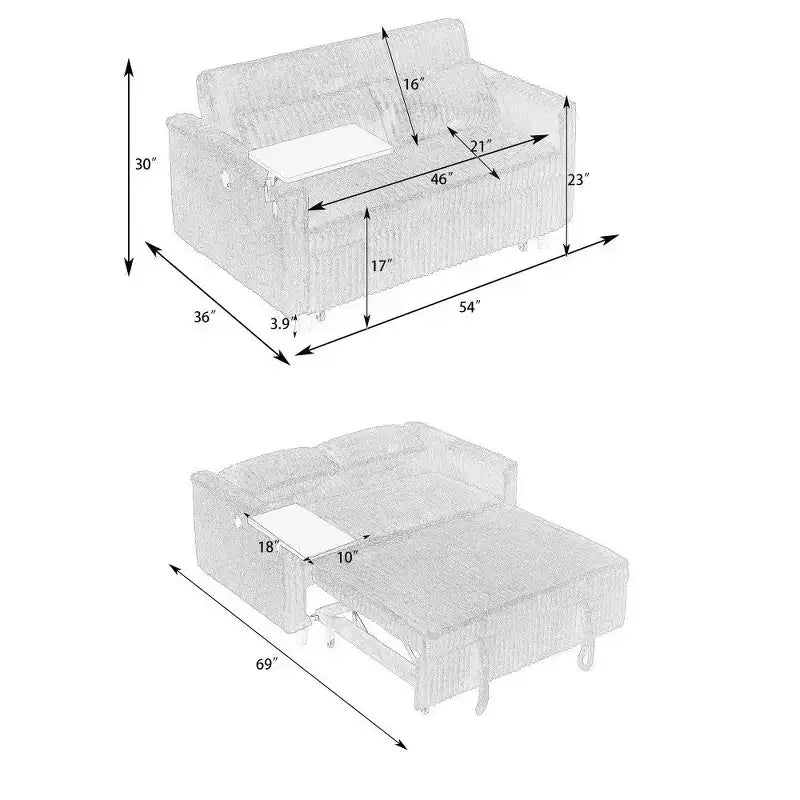 Divano convertibile salvaspazio TUYOHW, divano letto in velluto a coste con piano del tavolo rimovibile e porta USB, divanetto multifunzionale per il soggiorno