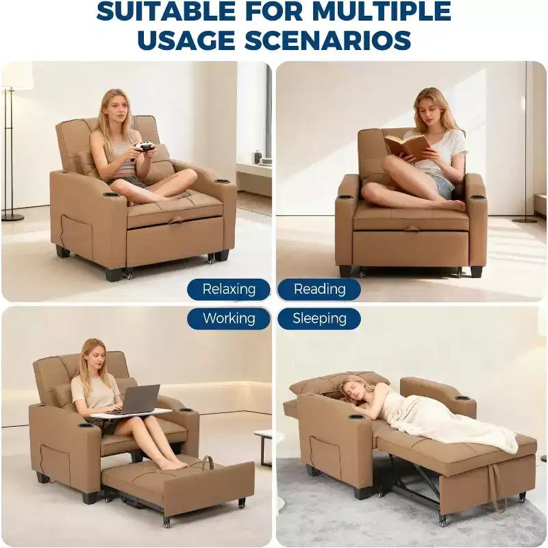 Sedia da Divano Letto Convertibile 3 in 1 con Funzione Estraibile, Schienale Regolabile, Porta di Ricarica USB, Portabicchieri e Tasche Laterali, per Soggiorno e Camera da Letto