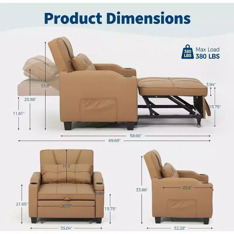 Sedia da Divano Letto Convertibile 3 in 1 con Funzione Estraibile, Schienale Regolabile, Porta di Ricarica USB, Portabicchieri e Tasche Laterali, per Soggiorno e Camera da Letto