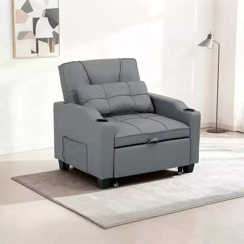 Sedia da Divano Letto Convertibile 3 in 1 con Funzione Estraibile, Schienale Regolabile, Porta di Ricarica USB, Portabicchieri e Tasche Laterali, per Soggiorno e Camera da Letto