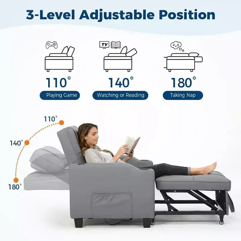 Sedia da Divano Letto Convertibile 3 in 1 con Funzione Estraibile, Schienale Regolabile, Porta di Ricarica USB, Portabicchieri e Tasche Laterali, per Soggiorno e Camera da Letto