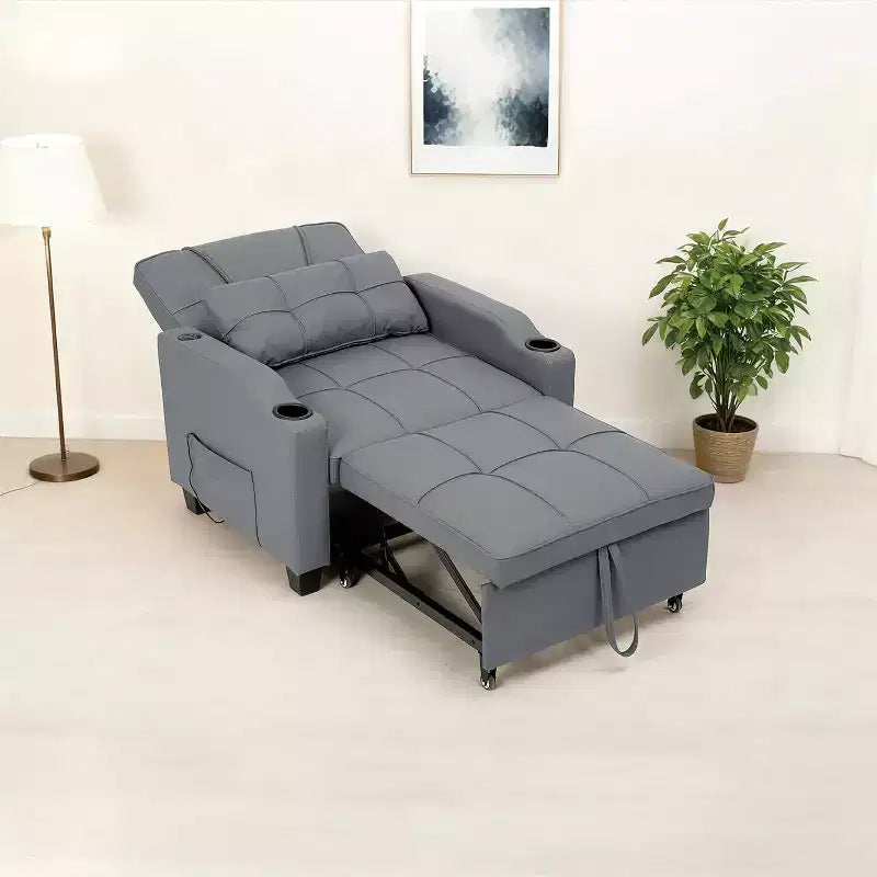 Sedia da Divano Letto Convertibile 3 in 1 con Funzione Estraibile, Schienale Regolabile, Porta di Ricarica USB, Portabicchieri e Tasche Laterali, per Soggiorno e Camera da Letto