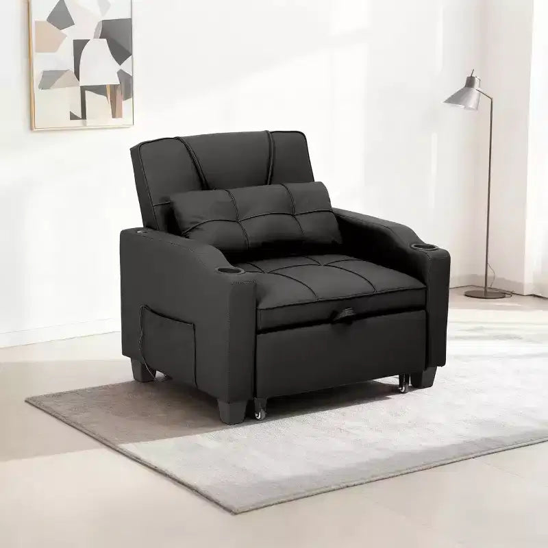 Sedia da Divano Letto Convertibile 3 in 1 con Funzione Estraibile, Schienale Regolabile, Porta di Ricarica USB, Portabicchieri e Tasche Laterali, per Soggiorno e Camera da Letto