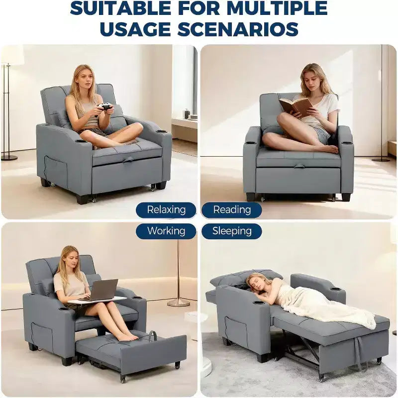 Sedia da Divano Letto Convertibile 3 in 1 con Funzione Estraibile, Schienale Regolabile, Porta di Ricarica USB, Portabicchieri e Tasche Laterali, per Soggiorno e Camera da Letto