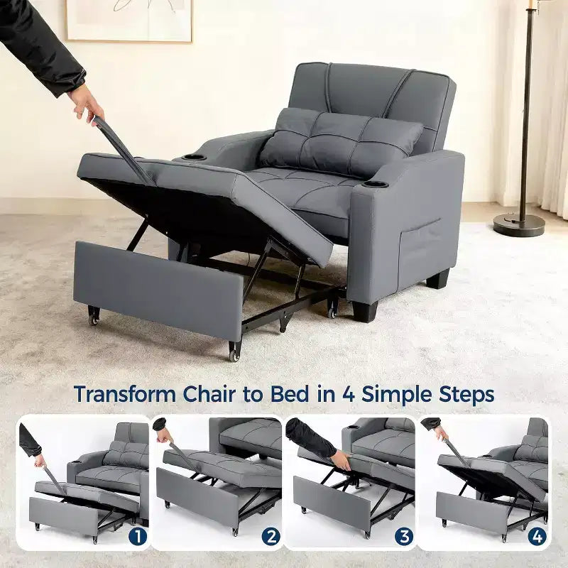 Sedia da Divano Letto Convertibile 3 in 1 con Funzione Estraibile, Schienale Regolabile, Porta di Ricarica USB, Portabicchieri e Tasche Laterali, per Soggiorno e Camera da Letto