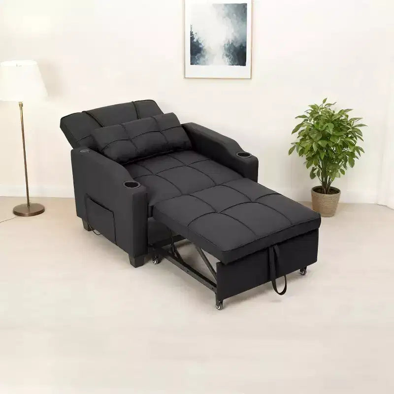 Sedia da Divano Letto Convertibile 3 in 1 con Funzione Estraibile, Schienale Regolabile, Porta di Ricarica USB, Portabicchieri e Tasche Laterali, per Soggiorno e Camera da Letto
