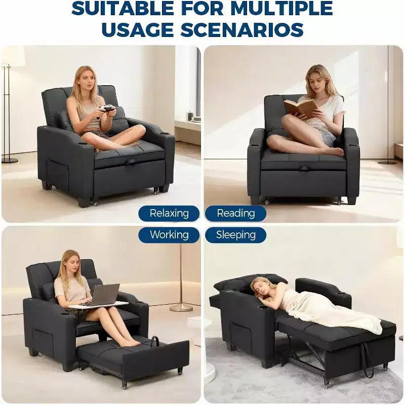 Sedia da Divano Letto Convertibile 3 in 1 con Funzione Estraibile, Schienale Regolabile, Porta di Ricarica USB, Portabicchieri e Tasche Laterali, per Soggiorno e Camera da Letto
