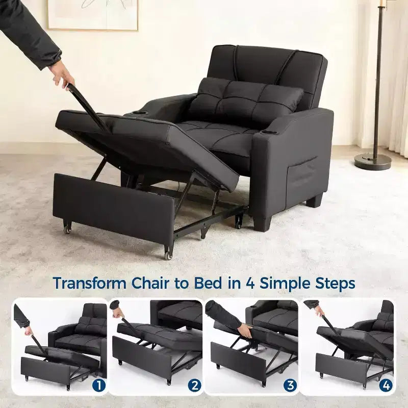 Sedia da Divano Letto Convertibile 3 in 1 con Funzione Estraibile, Schienale Regolabile, Porta di Ricarica USB, Portabicchieri e Tasche Laterali, per Soggiorno e Camera da Letto