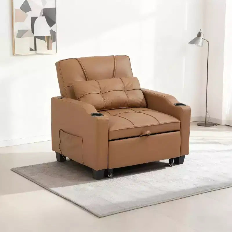 Sedia da Divano Letto Convertibile 3 in 1 con Funzione Estraibile, Schienale Regolabile, Porta di Ricarica USB, Portabicchieri e Tasche Laterali, per Soggiorno e Camera da Letto