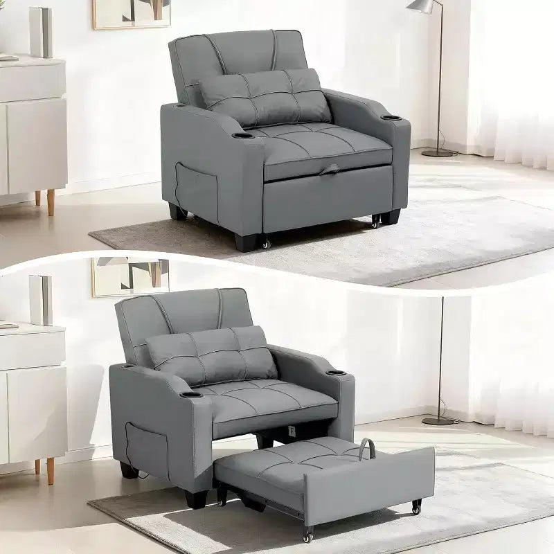 Sedia da Divano Letto Convertibile 3 in 1 con Funzione Estraibile, Schienale Regolabile, Porta di Ricarica USB, Portabicchieri e Tasche Laterali, per Soggiorno e Camera da Letto