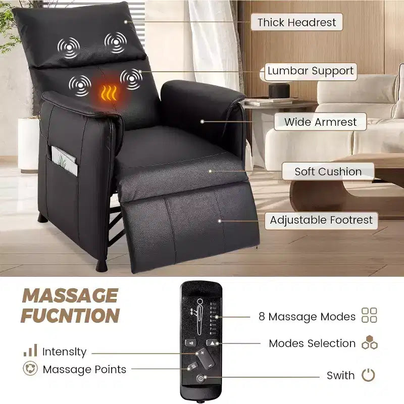 Poltrona Reclinabile Elettrica con Massaggio e Calore, Poltrona Recliner Singola Regolabile in Pelle PU con Telecomando, Poltrona Home Theater per Soggiorno