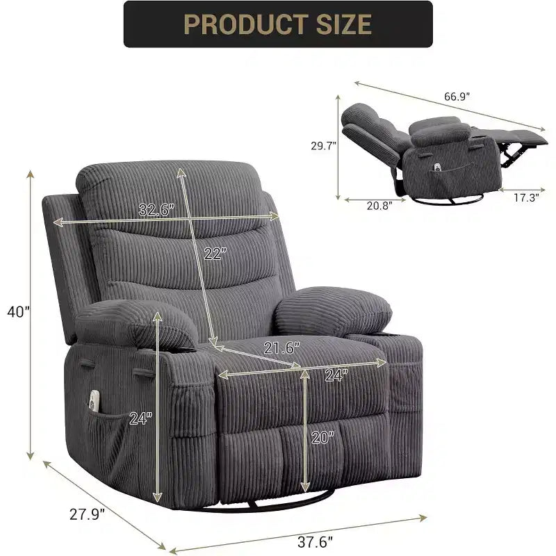 Fauteuil à bascule pivotant, petit fauteuil inclinable à bascule pour petits espaces, fauteuil planeur rembourré en tissu avec poches latérales et porte-gobelet, fauteuil inclinable avec massage et chauffage
